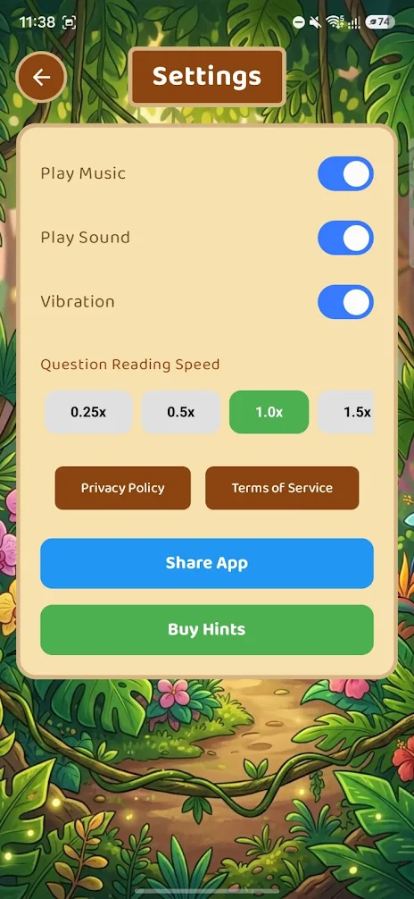 Settings with music, sound, vibration, and TTS speed