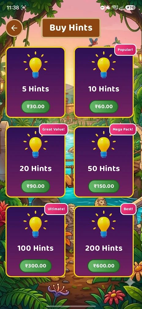 Buy hints in-app purchase screen
